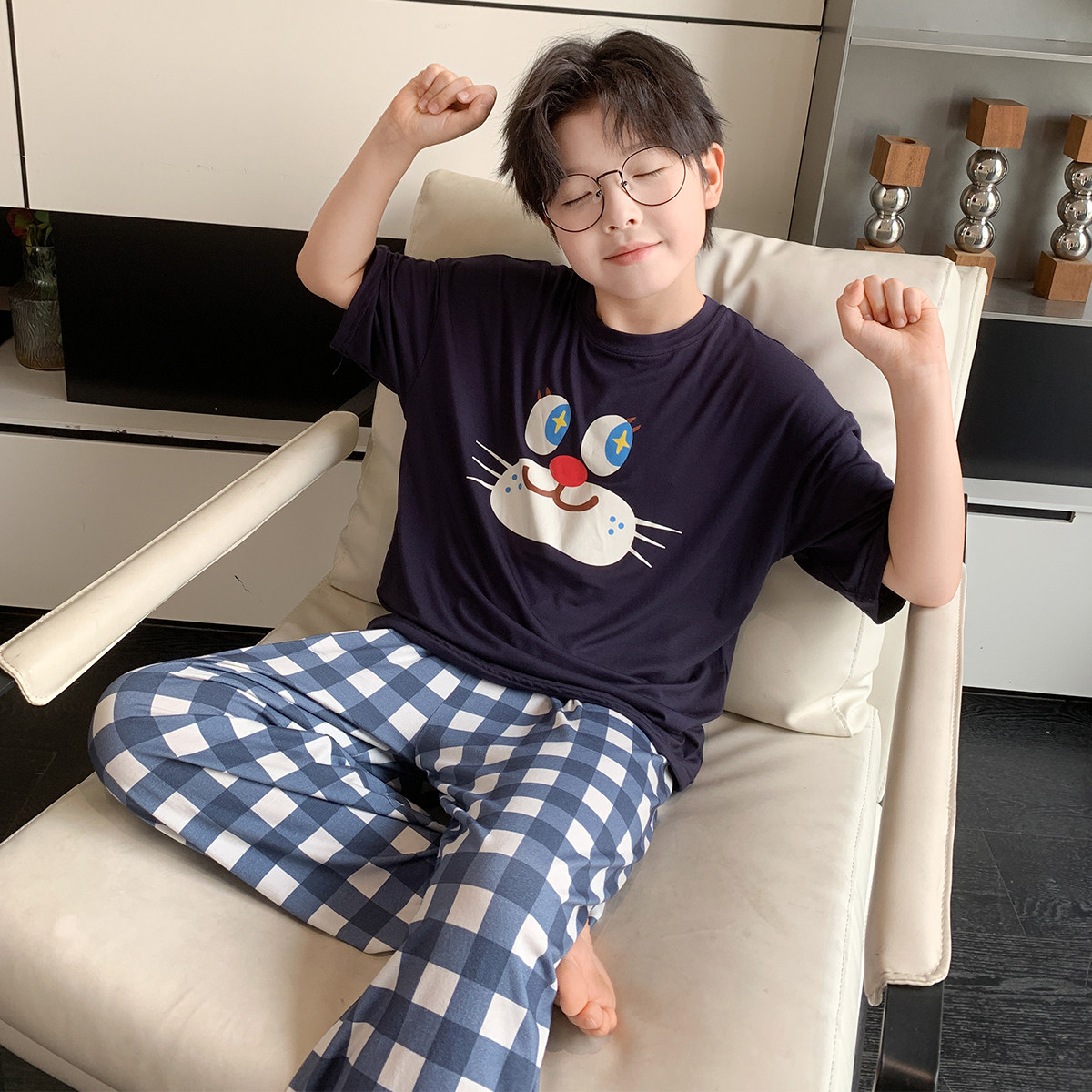 男童睡衣套装夏新款中大儿童薄款短袖家居服凉感莫代尔男孩三件套