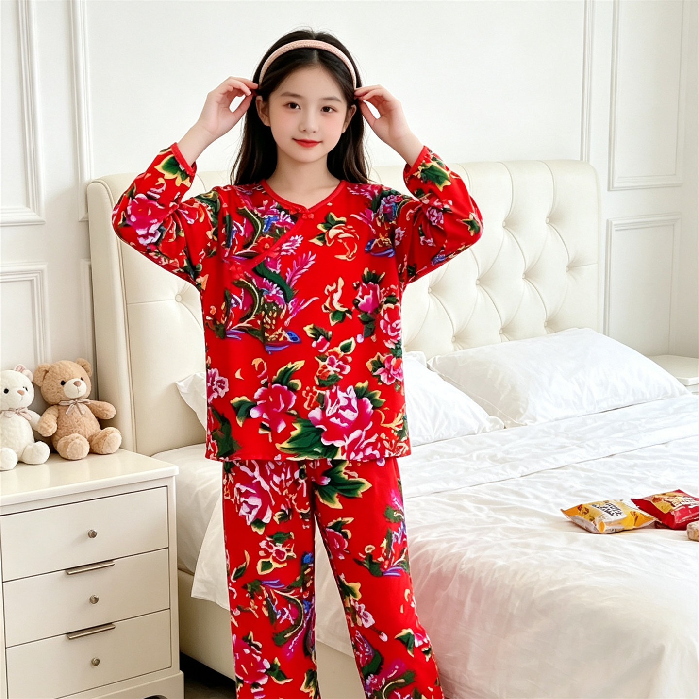 女童长袖睡衣春秋新款儿童棉稠家居服套装东北大花休闲两件套衣服