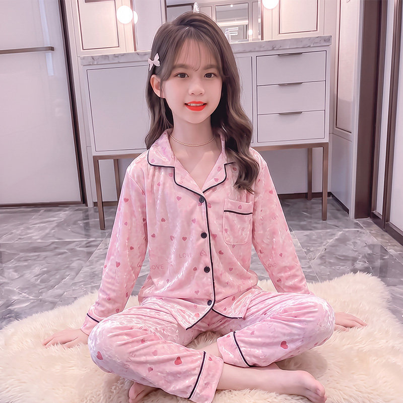女童金丝绒睡衣套装春秋新款女孩开衫家居服两件套中大儿童秋装潮