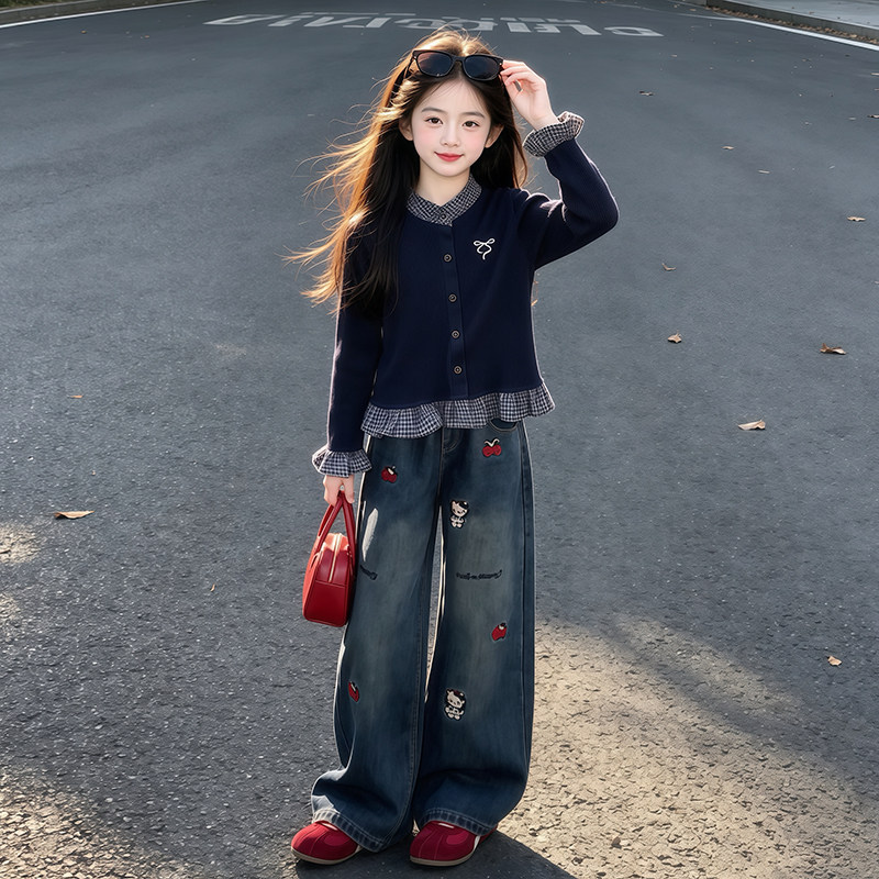 女孩洋气宽松牛仔裤秋季2026新款百搭卡通图秋装儿童裤子运动套装