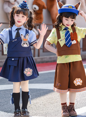 男童套装疯狂动物城尼克狐狸演出服夏季女童兔子警官儿童cos服装