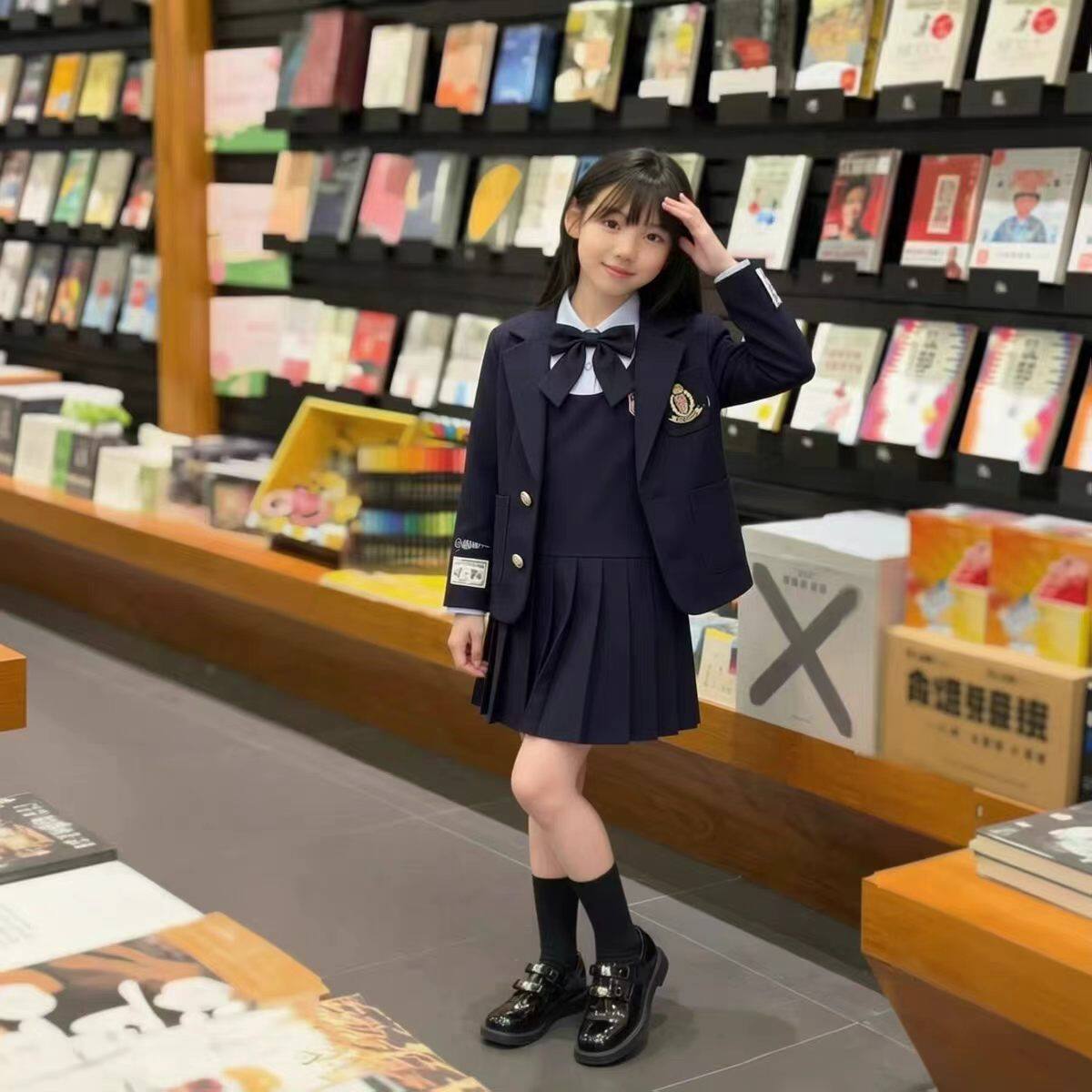 女童学院风套装春秋新款女孩西装外套假两件连衣裙班服团体演出服