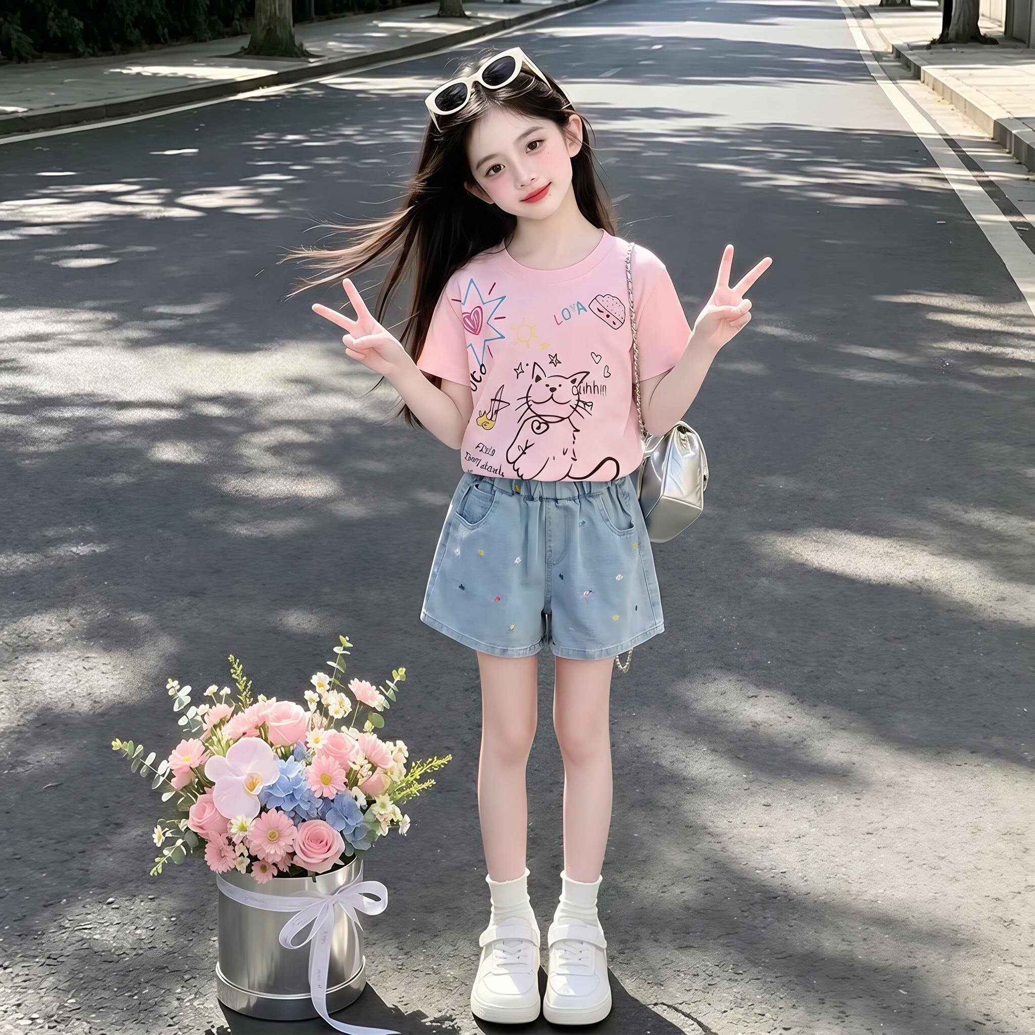 女童T恤套装夏季新款韩版女孩短袖牛仔短裤两件套中大儿童夏装潮t