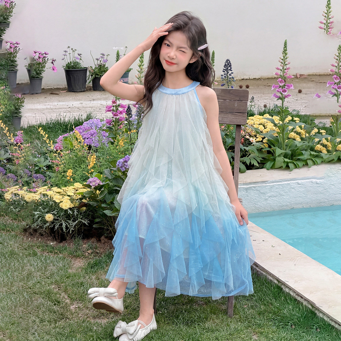女童挂脖连衣裙夏季新款女孩网纱扎染公主裙长裙大童裙子沙滩裙