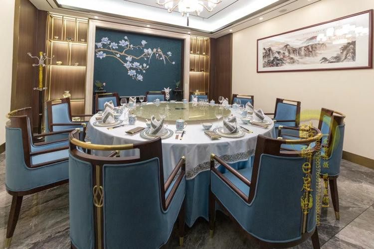 新中式火锅大餐桌酒店包厢电动大圆桌茶楼包间岩板饭店会所圆餐台