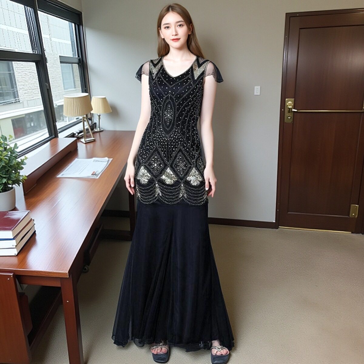 高个子女生盖茨比风格亮片长裙