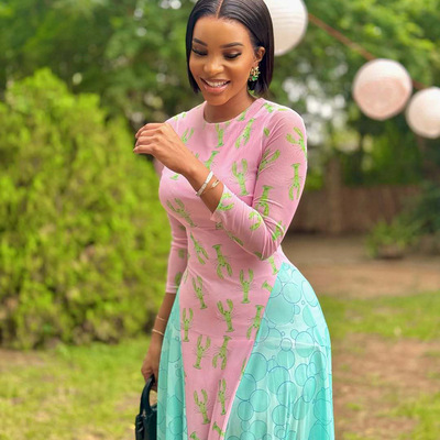 网纱非洲印花超长连衣裙长袖优雅