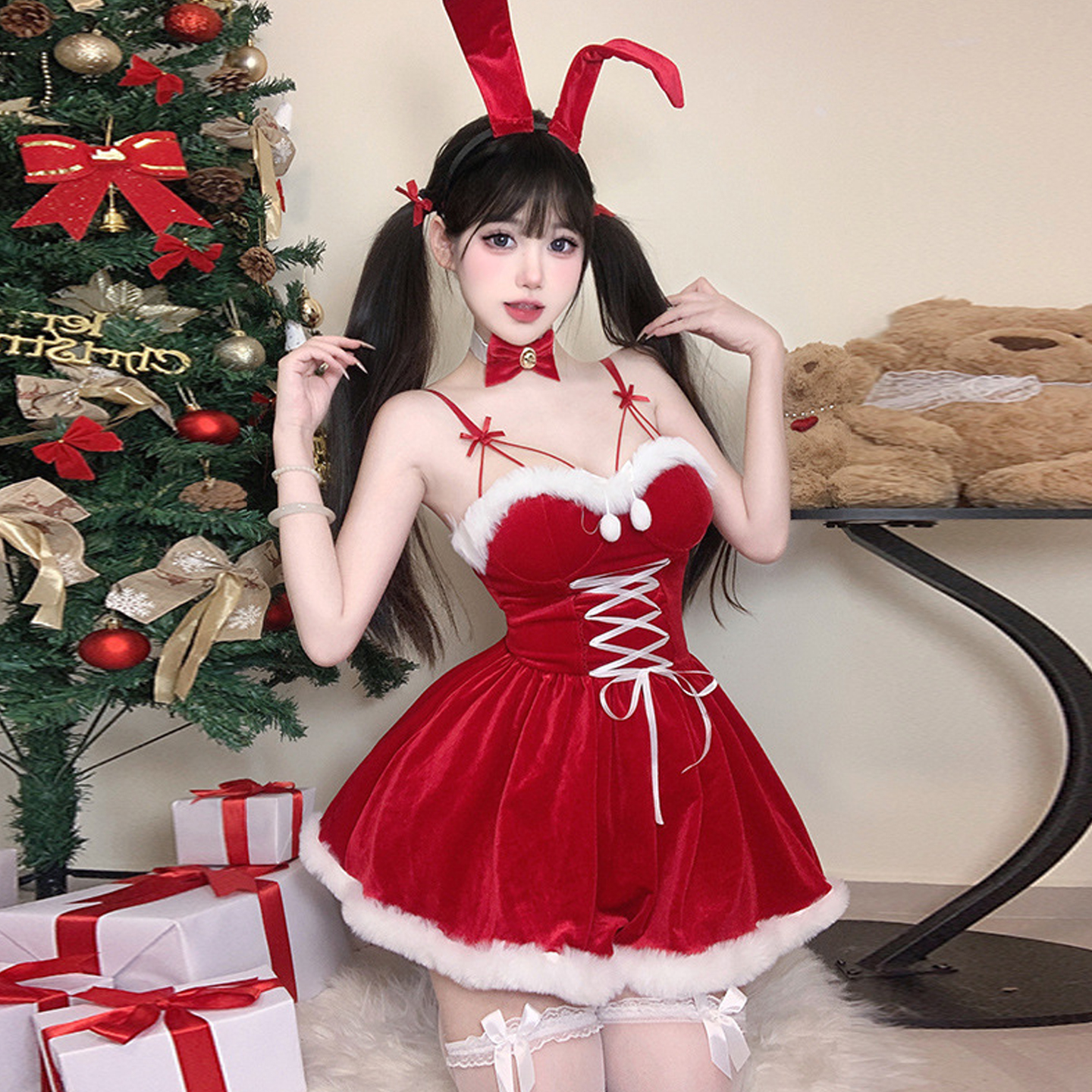 圣诞节服装酒吧红色兔女郎吊带裙