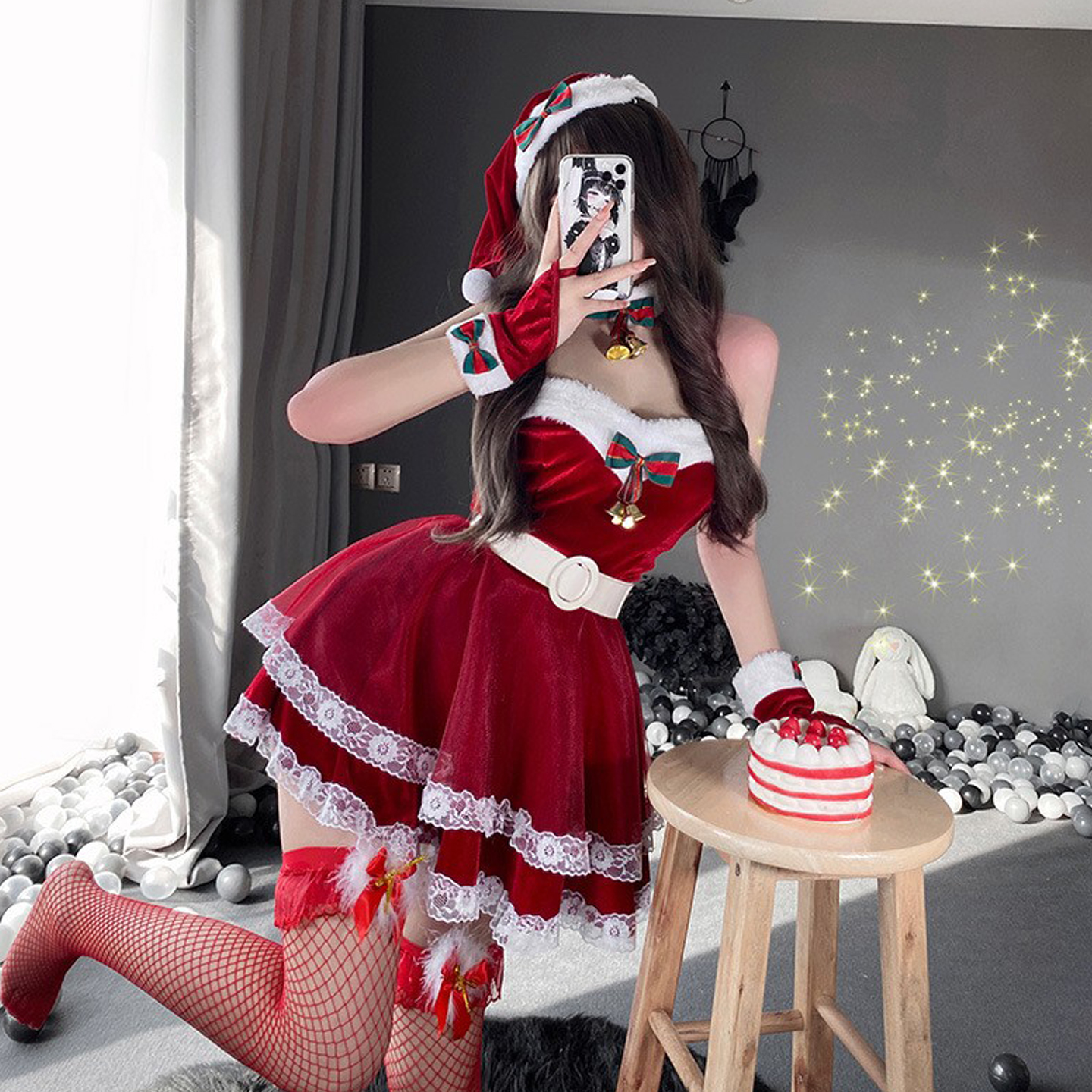 本命年圣诞节服装氛围感丝绒抹胸红色连衣裙女酒吧夜场演出服套装