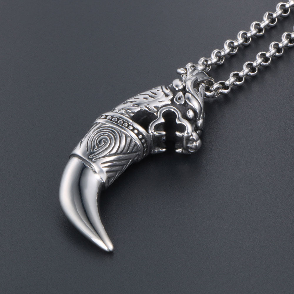 AH7钛钢狼头狼牙吊坠项链男款 复古做旧个性时尚潮流男士首饰品