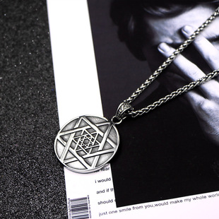 AH7钛钢复古三层叠六芒星时尚双面吊坠六角星圆牌项链潮男配饰品