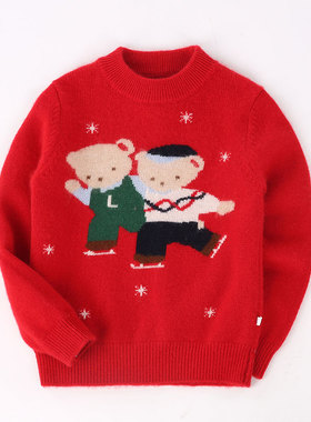 洪叶云台100%山羊绒儿童羊绒衫男童毛衣冬季女款红色卡通加厚宝宝