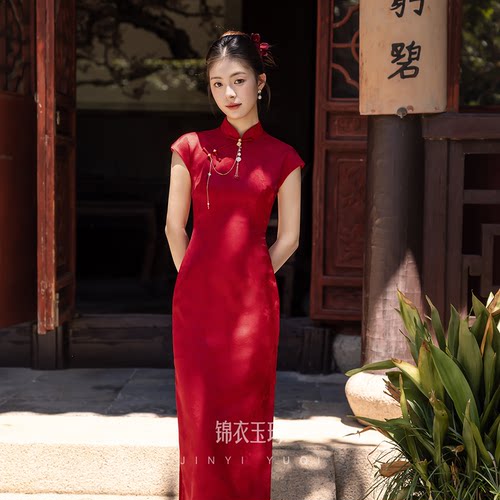 新中式红色提花敬酒服订婚旗袍