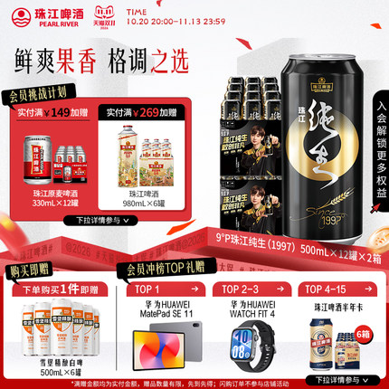 珠江啤酒1997纯生500mL*12罐*2整箱批发皮尔森生啤酒官方旗舰店
