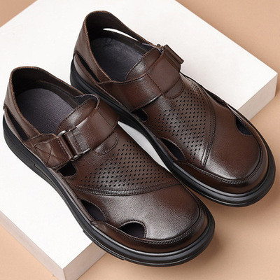 防滑爸爸鞋套脚头层牛皮男凉鞋