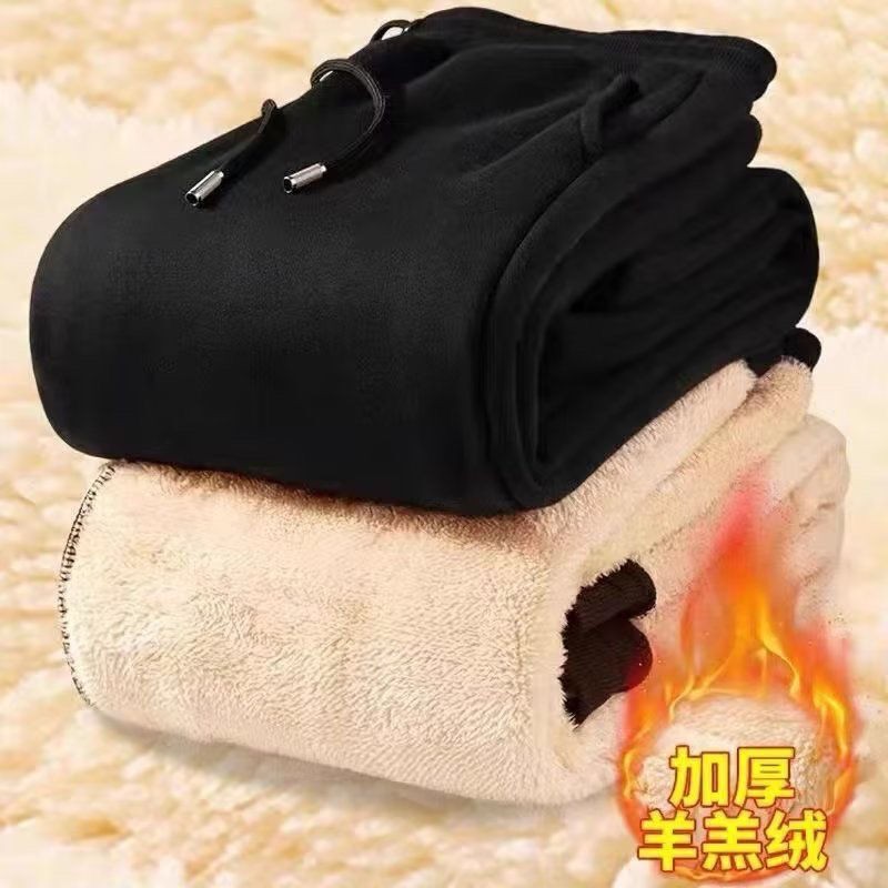 广州十三行防风秋冬加绒加厚裤子保暖羊羔绒新款休闲束脚耐磨