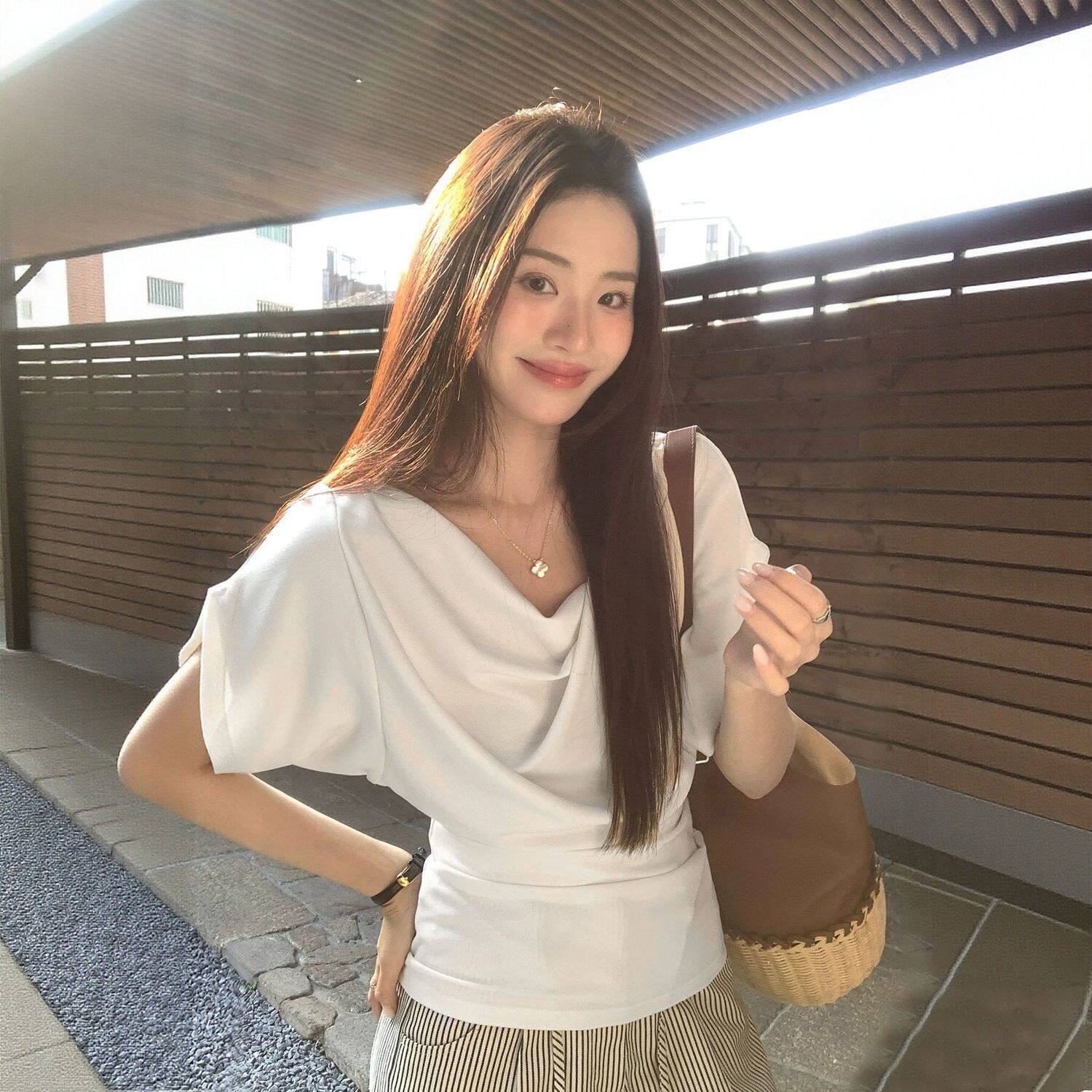 法式白色荡领短袖T恤女夏季新款蝙蝠袖收腰显瘦通勤百搭气质上衣