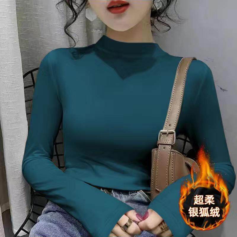 半高领莫代尔加绒加厚保暖纯色打底衫女秋冬新款修身长袖T恤上衣