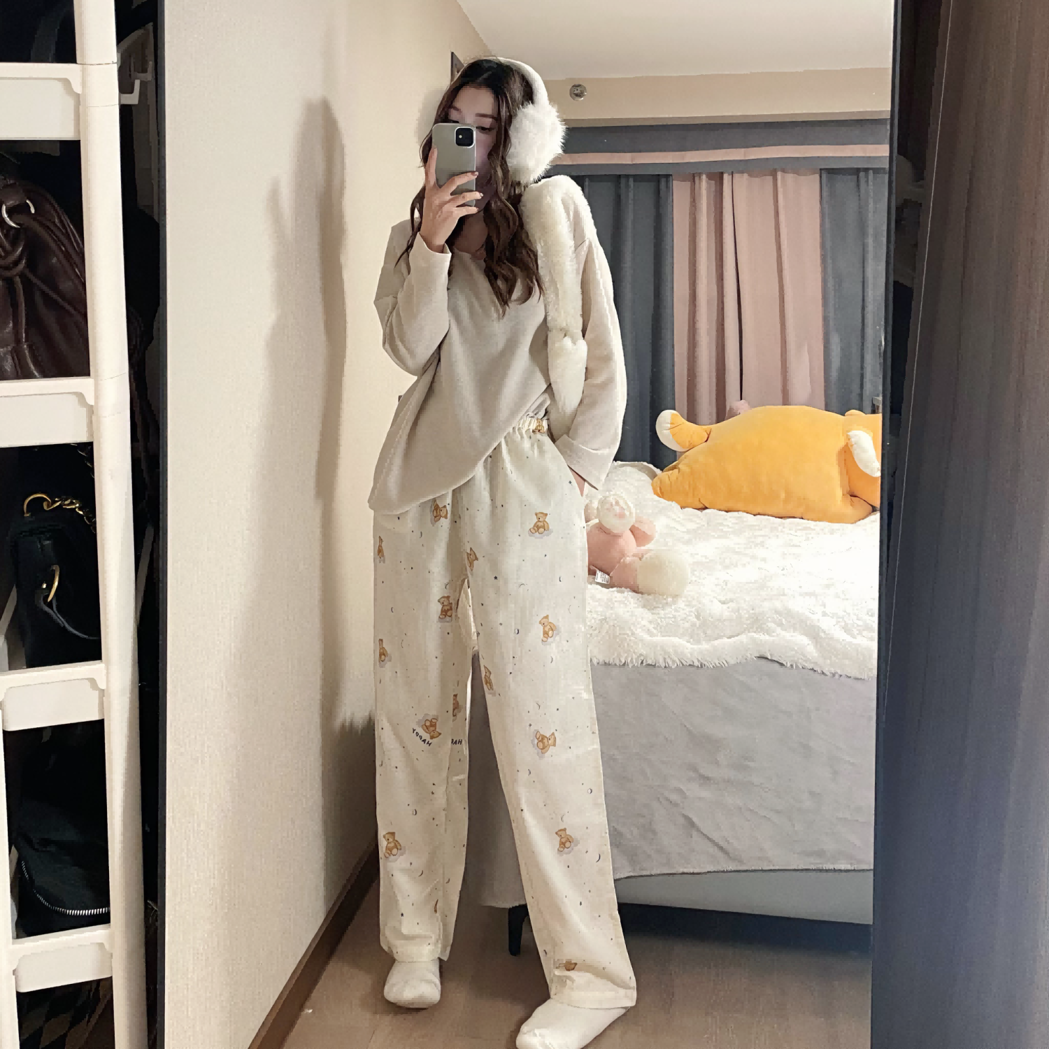 粉色格子脚印睡裤女可外穿云朵棉夏季新款慵懒风春秋遛弯阔腿长裤