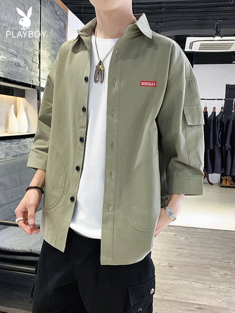 Playboy tooling shirt men's summer short-sleeved Korean style trendy handsome Hong Kong style Japanese seven-point denim shirt