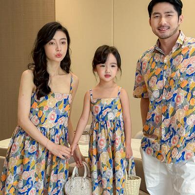 复古碎花满印短袖花衬衫亲子装宽松夏威夷海边度假母女装连衣裙潮