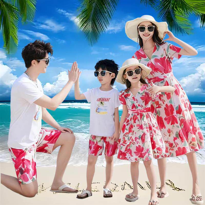 沙滩亲子装母子海边度假夏季套装一家三口四口新款高级母女裙子