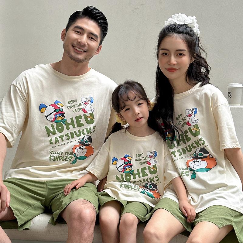日系趣味卡通印花T恤亲子装2025新款夏款宽松小众动漫家庭装短袖