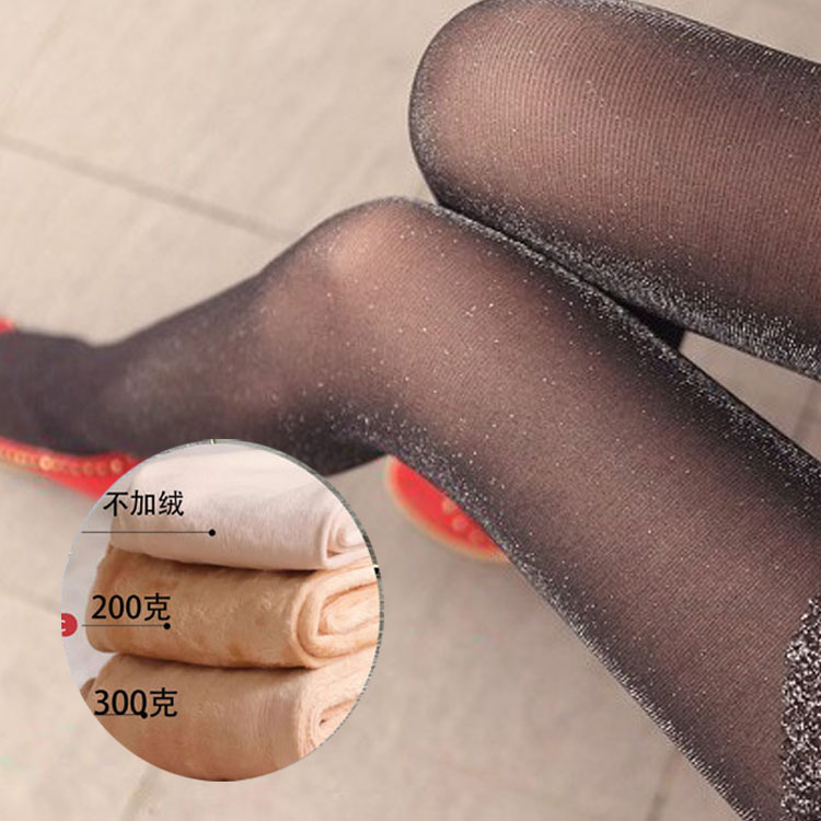 秋冬季加绒加厚假透肉闪光银葱亮丝袜女黑色银丝连裤袜彩色性感