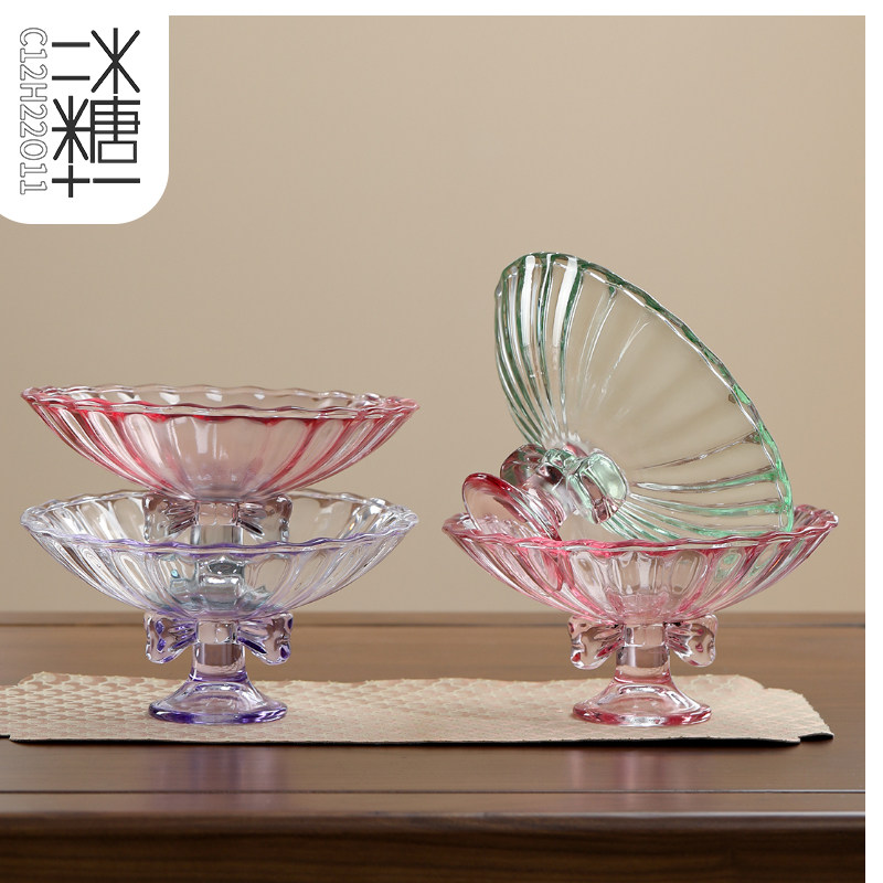 蝴蝶结高脚果盘中号家用茶几点心盘高颜值玻璃女水果盘茶点盘壶承