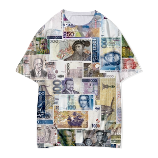 美元欧元美金世界各国钞票搞怪趣味速干短袖t恤衫男女冰丝感半袖
