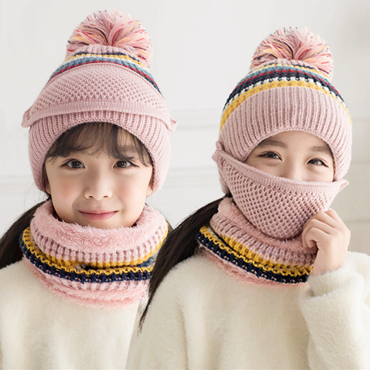 女童帽子秋冬保暖加绒学生口罩遮脸毛线帽儿童滑雪骑车加厚针织帽