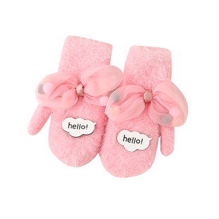 儿童手套女孩保暖加绒加厚秋冬小孩连指秋冬季蝴蝶结甜美宝宝手套