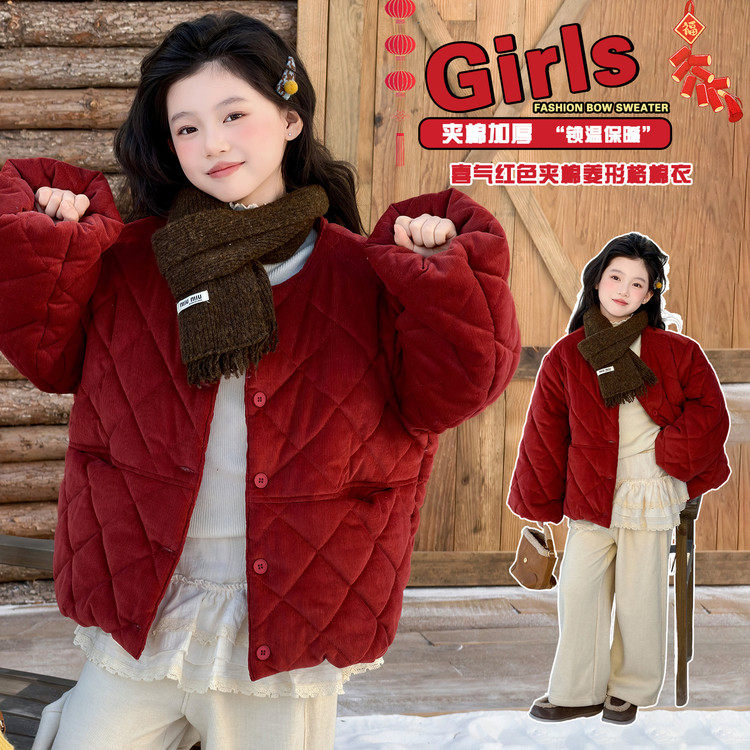 2025冬季新款洋气女童加厚绗线灯芯绒年款红色棉衣