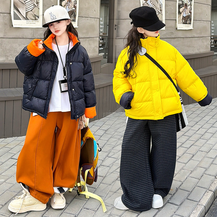 2025冬季新款 洋气女童拼色袖立领棉服外套