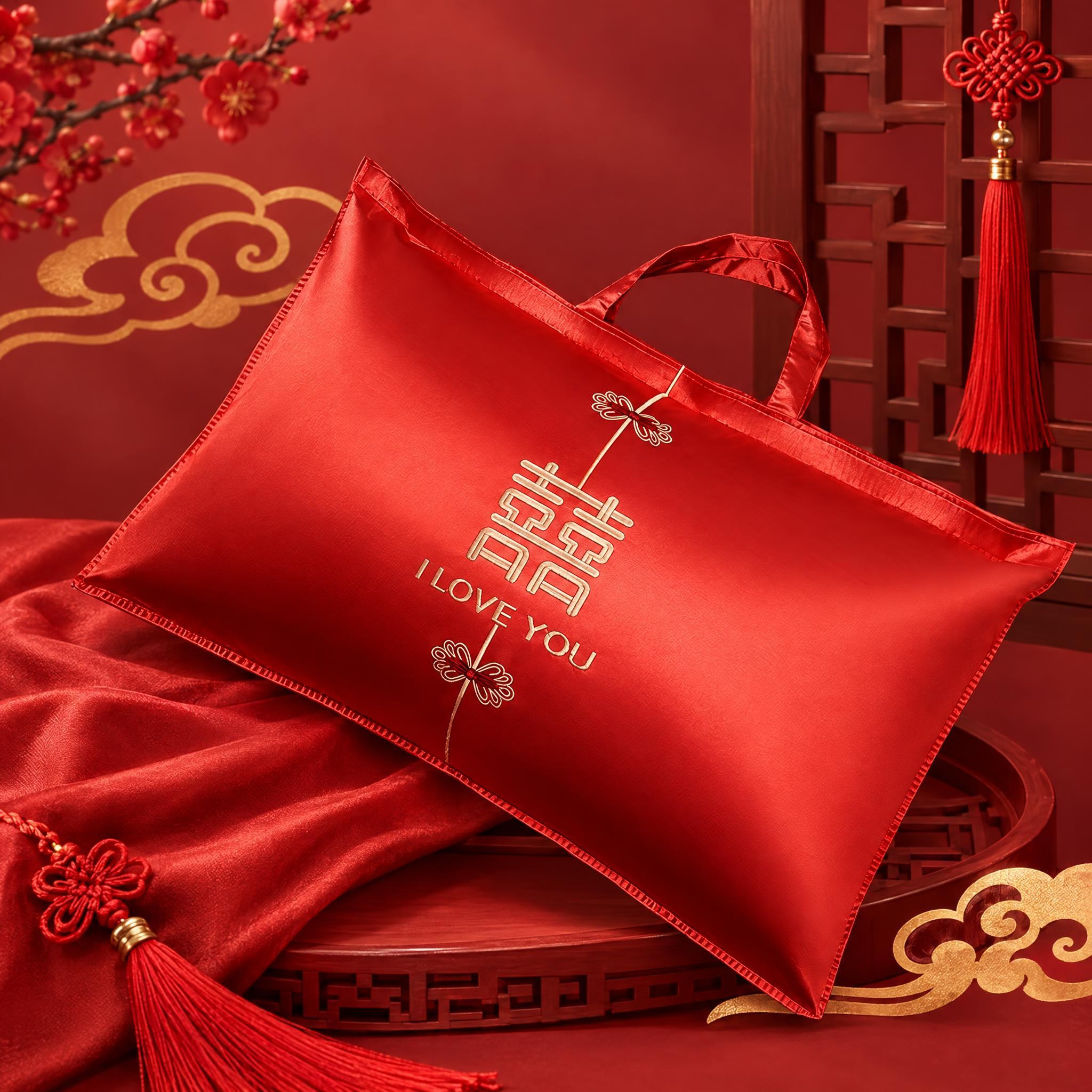 结婚枕芯收纳袋红色喜庆陪嫁超大枕头包装袋手提婚庆加厚礼品袋