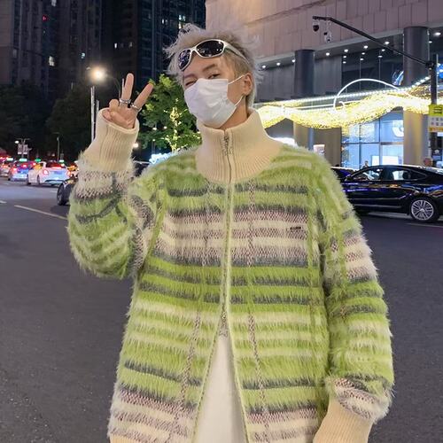 撞色毛衣慵懒复古针织衫开衫V领