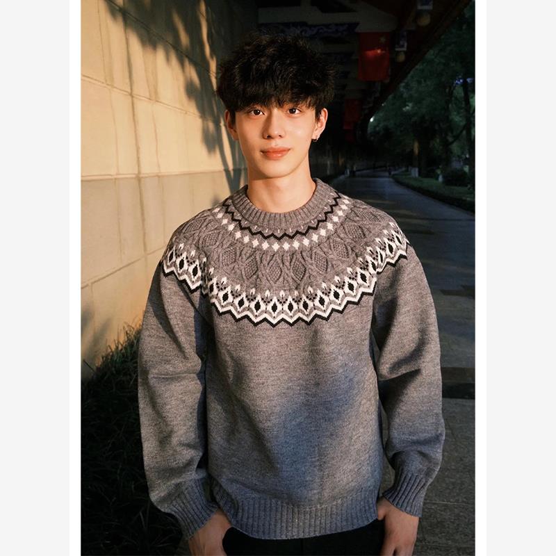 费尔岛覆古提花针织毛衣男慵懒