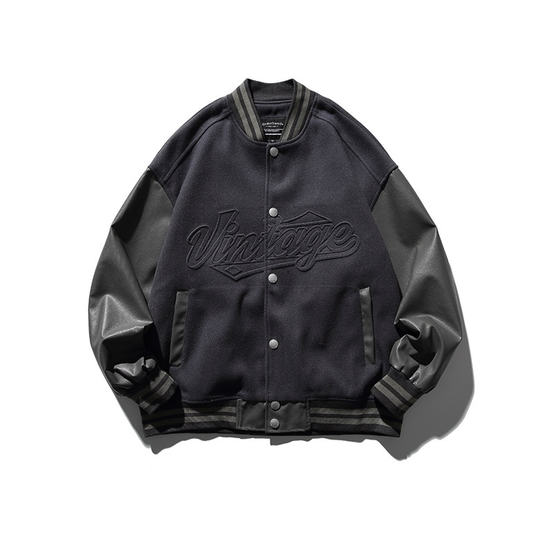 春秋季日系街头PU皮拼接棒球服美式潮牌复古宽松情侣休闲百搭外套