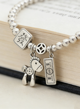 手工古法麻将手链女 S925纯银做旧 小众设计感闺蜜礼手饰