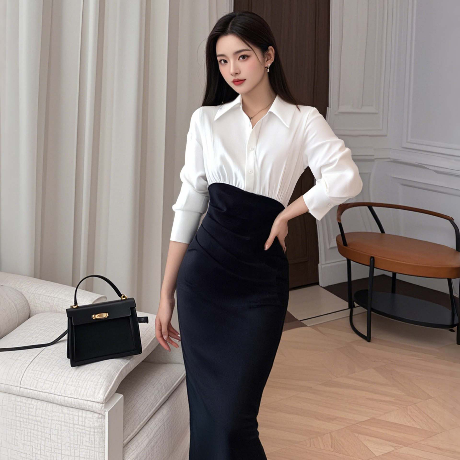 休闲气质衬衫连衣裙女2025春新款收腰显瘦通勤拼接长裙D0509