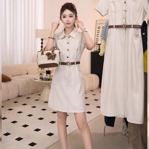 送腰带2026夏季新款女日常通勤风收腰显瘦短袖翻领连衣裙D1632