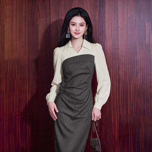 法式优雅气质女2026春秋长裙假两件设计感高端显瘦连衣裙D10133