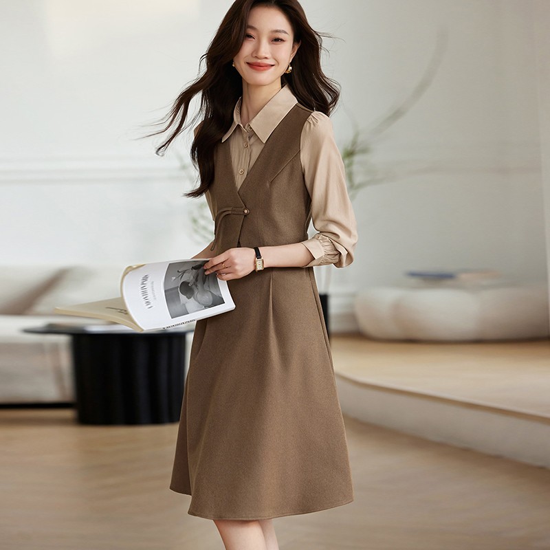 洋气复古假两件高级感裙子2025年新款时尚长袖衬衫连衣裙女装6556