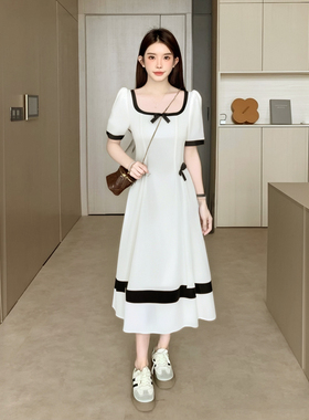 高级感撞色蝴蝶结连衣裙2025夏季新款法式收腰显瘦a字裙D1466B