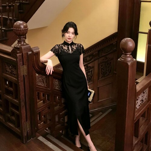 2026夏季新款女赫本风蕾丝设计气质收腰显瘦改良旗袍连衣裙D5426