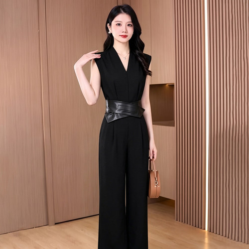 送腰带2026夏季新款女高级感收腰显瘦法式时尚波点连体裤 D7085