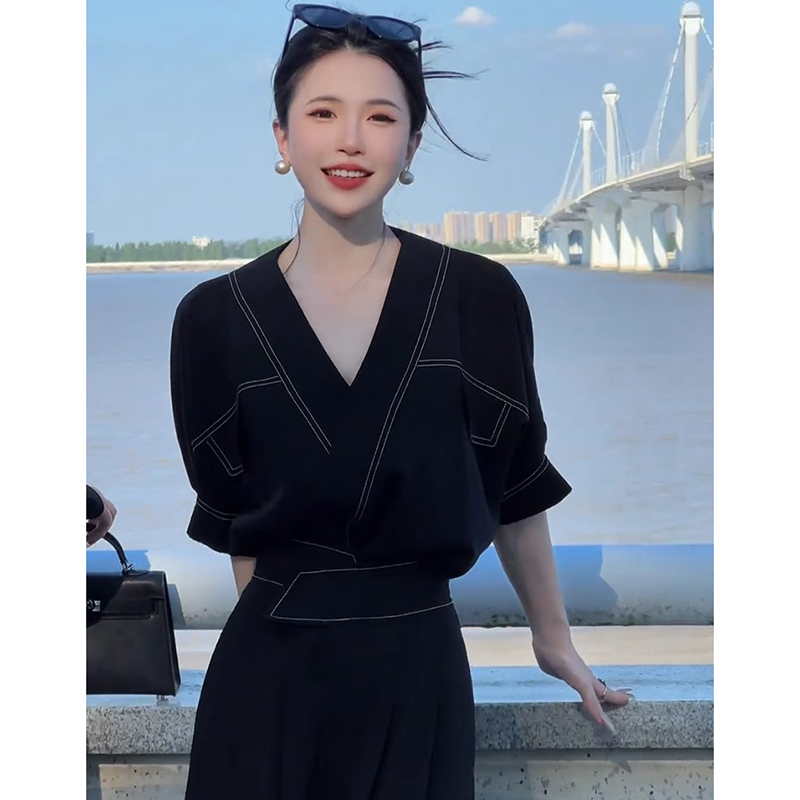 法式宽松黑色衬衫两件套别致设计感显瘦气质上衣裤子套装D1682