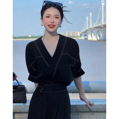 法式宽松黑色衬衫两件套别致设计感显瘦气质上衣裤子套装D1682