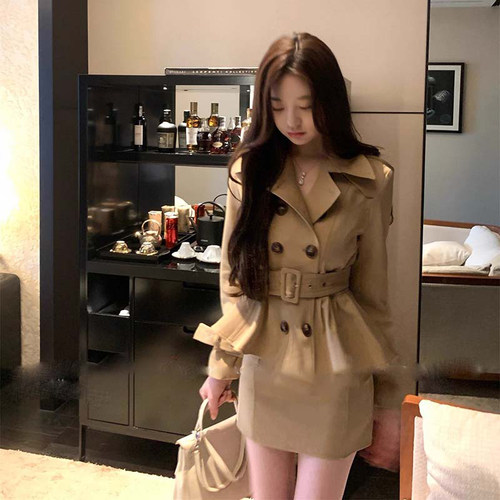 2025秋季新款有里布送腰带卡其双排扣外套+裙子两件套套装JT0067