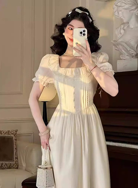 有里布法式复古方领连衣裙夏季温柔风碎花收腰气质裙子D1481